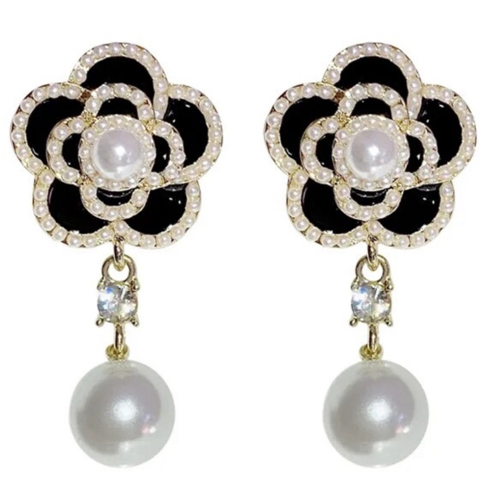 Camellia Flower Inspired and Pearl Drop Earrings - New